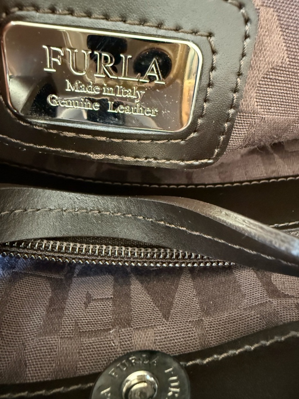 Furla Brown Genuine Leather Satchel Top Handle Bag Italy Silver Tone - Picture 11 of 15